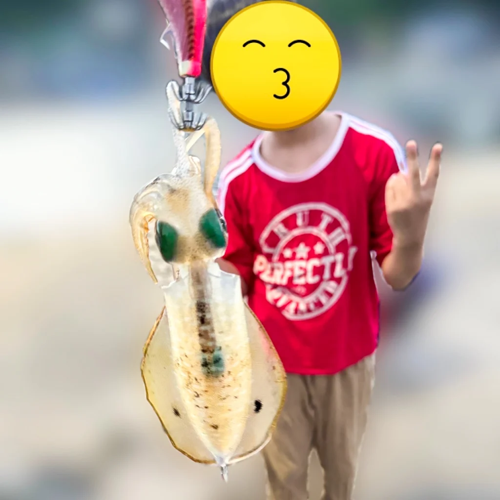 伊根の漁港で夫が釣り上げた小ぶりのアオリイカと一緒に息子がピースサインをして写っています。
