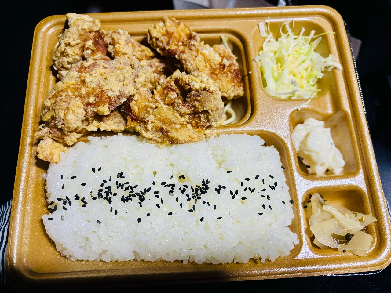 バスやんさんから頂いて琵琶湖で食べた唐揚げ弁当（かまどやマキノ店）です