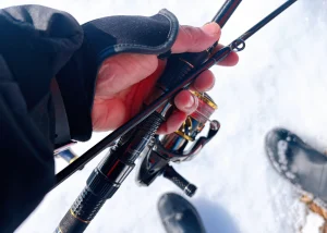 しまかぜのロッド、セブンセンス ミッドナイトジェティーリミテッド 882PEと20ツインパワーC3000XGが雪上に写っています。 ロッドを持つしまかぜの手にはグローブが装着されています。