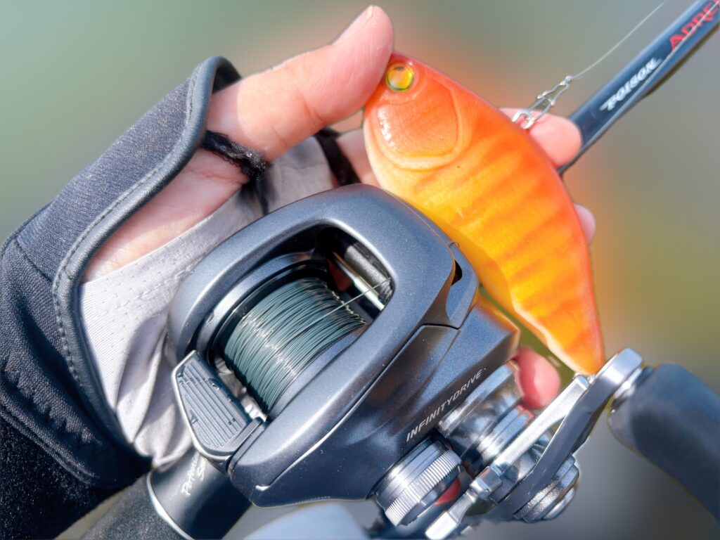 しまかぜが琵琶湖南湖でバス釣りをしていた時の写真です。リールは22バンタム、ロッドは古いポイズンアドレナ172MH-Gです。手にうめばいぶフロートを持っています。